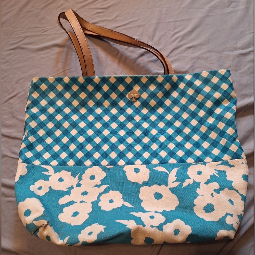 Large Kate Spade Blue Floral and Gingham Tote Bag - Picture 2 of 8